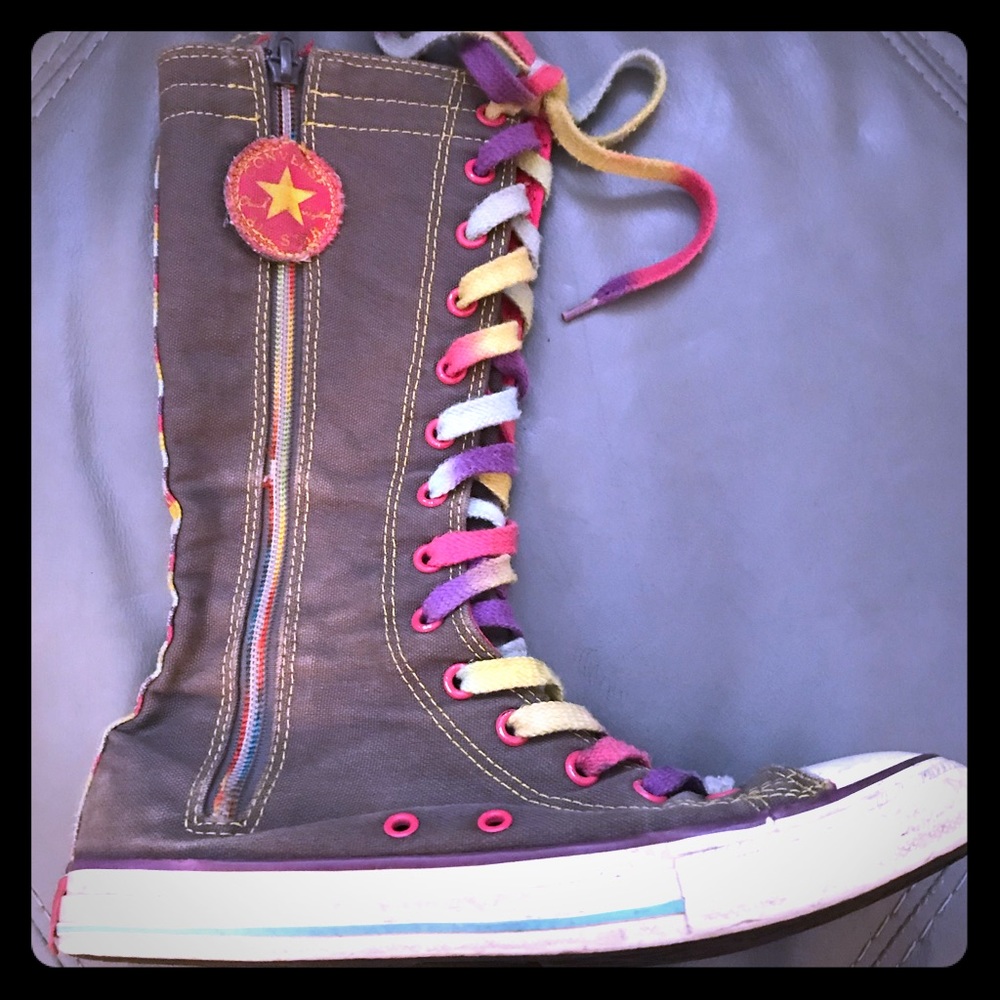 Converse knee-hi grey w multi-colored markings.